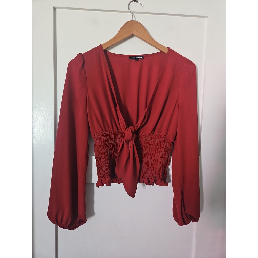Fashion Nova Rust Orange Tie-Front Smocked Long Sleeve Crop Top Size S